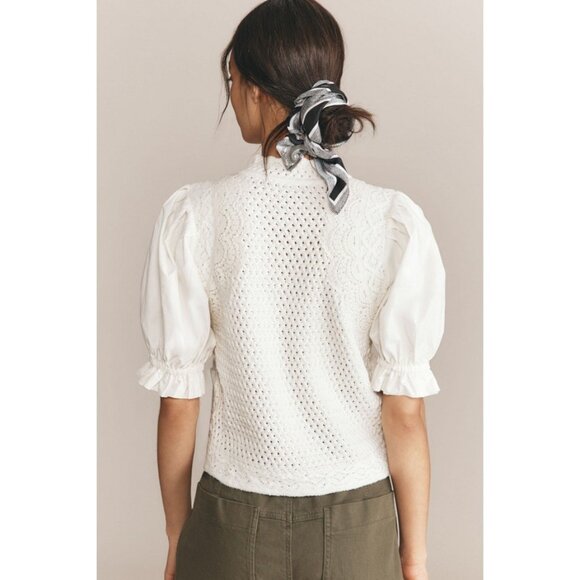 ANTHROPOLOGIE Women's Puff-Sleeve Mock-Neck Mixed Media Cardigan Sweater Size XS - Picture 2 of 9